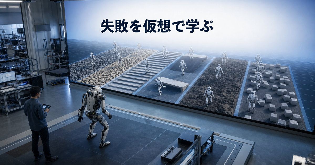 仮想環境で多様な地形を並列学習する複数の二足歩行ロボット