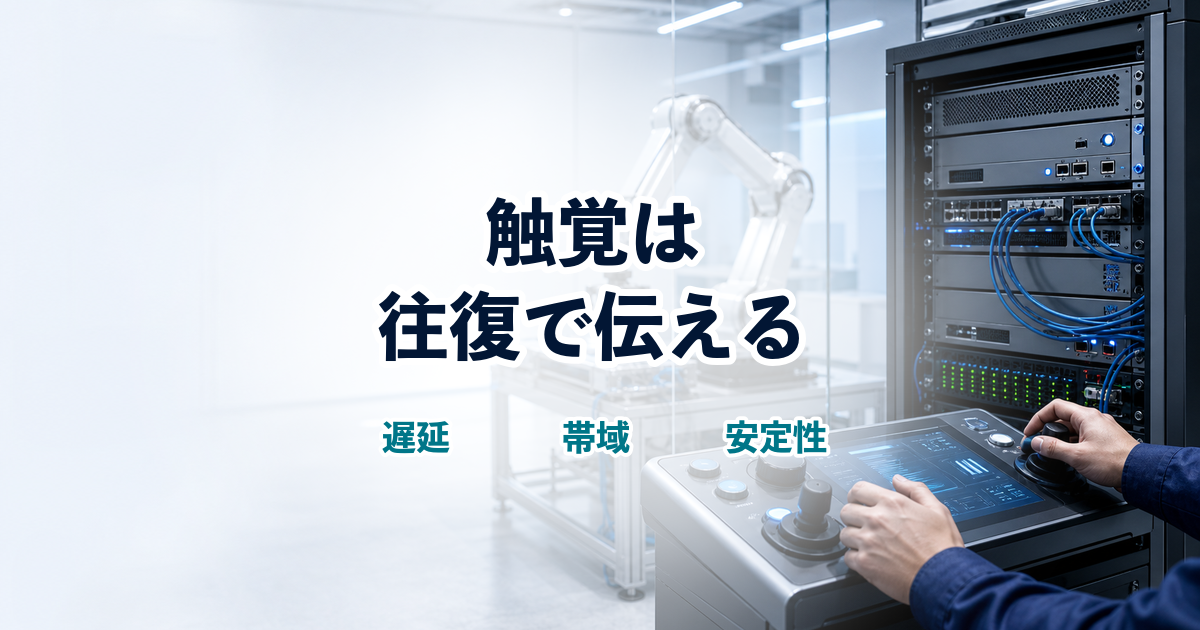 触覚フィードバックの往復通信と帯域設計を示す研究施設の写真風イメージ