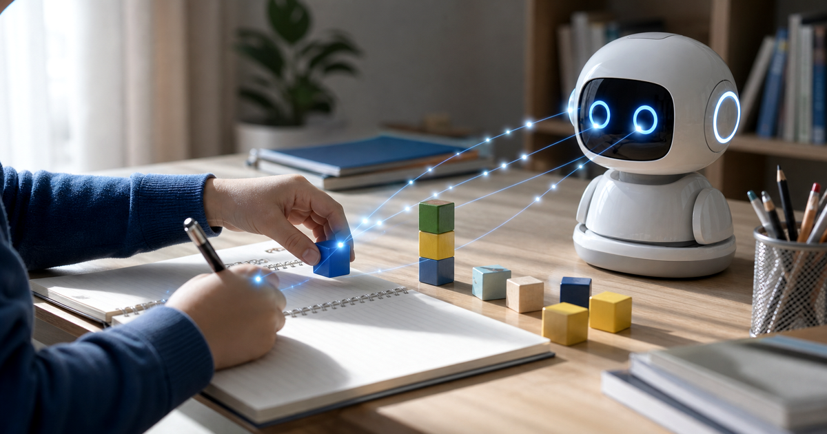 教育用ロボットが手元と試行錯誤を観察する学習風景