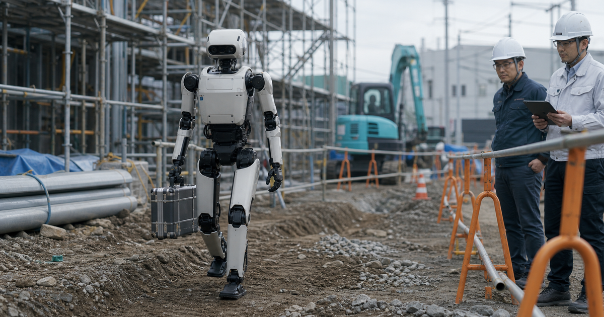 建設現場の限定区画で作業員に見守られながら歩く二足ロボット