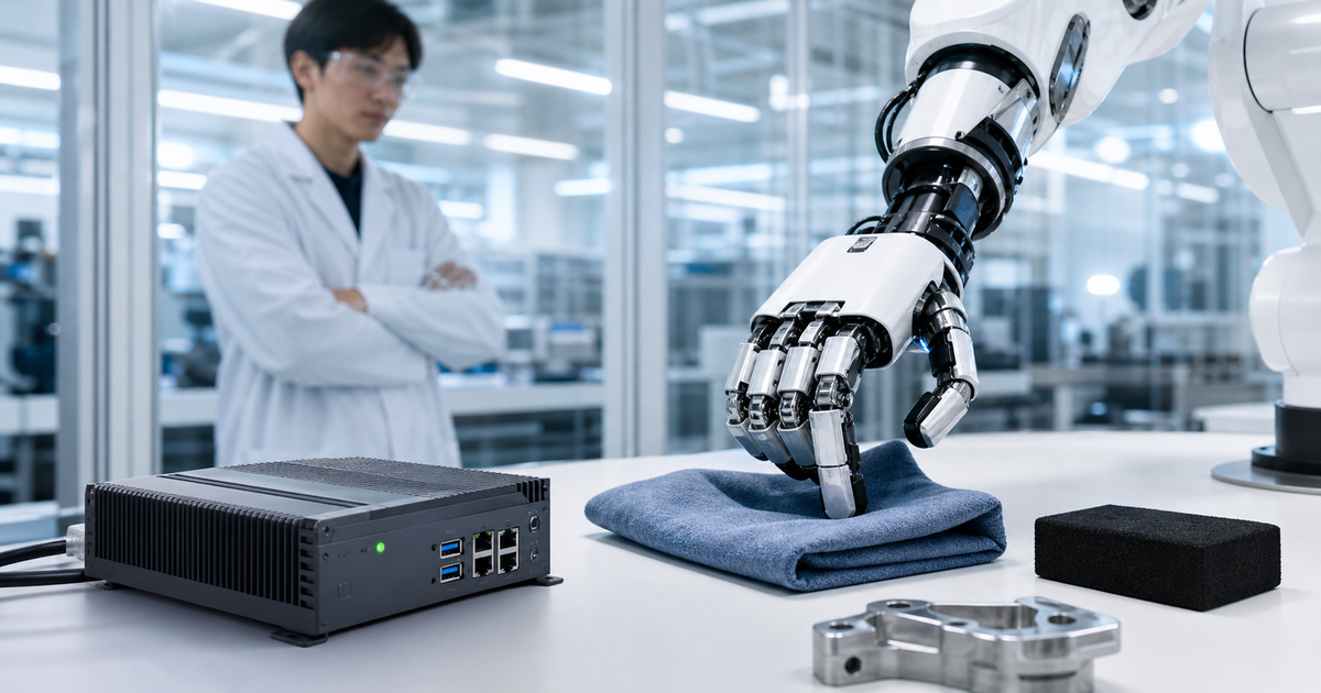 エッジAIがロボット側で触覚を補完する研究現場の写真風イメージ