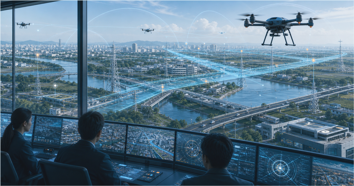 ドローン航路と運航管理がAIドローン自律飛行を支える様子を示す見出し画像