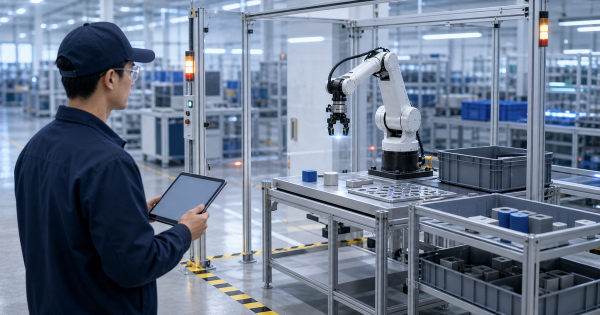 ロボットへの指示の型と安全な作業範囲を示す工場現場の説明画像