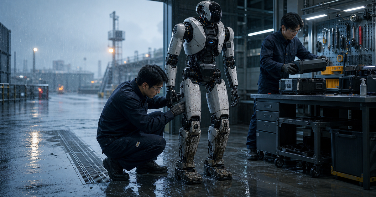 雨と泥の屋外で二足ロボットの防水点検と電池整備を行う技術者