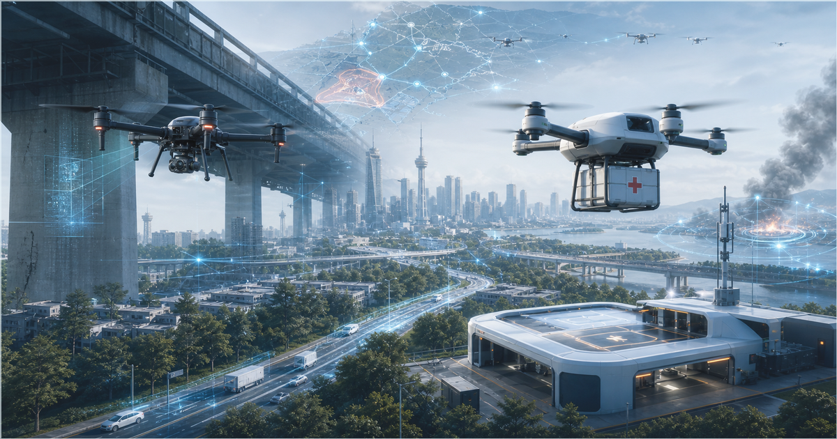AIドローンが産業現場と生活インフラで判断材料を集める様子を示す見出し画像