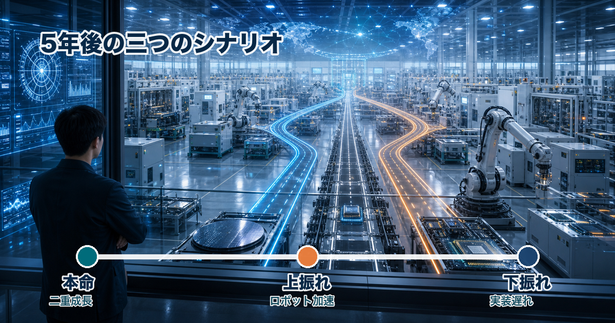 フィジカルAI半導体市場の5年後を本命、上振れ、下振れで示すシナリオ画像