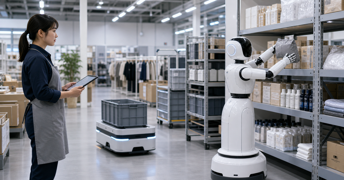 店舗や倉庫でロボット指示テンプレートが使われる未来を示す説明画像