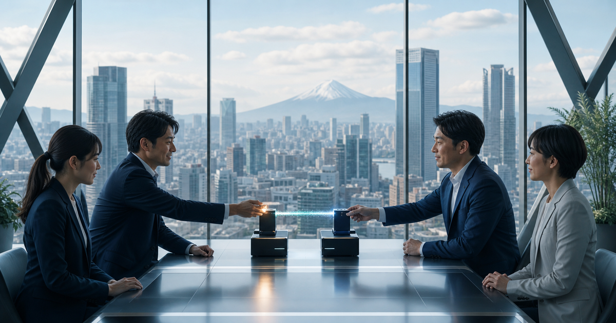 複数企業のAIエージェントが監査証跡を介して安全に取引する未来の写真調画像