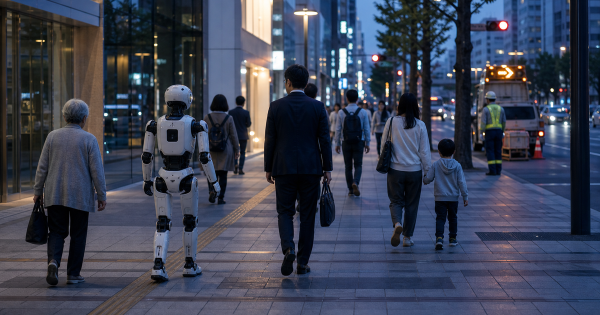 夕方の都市歩道で人々と安全にすれ違う二足ロボットの未来像