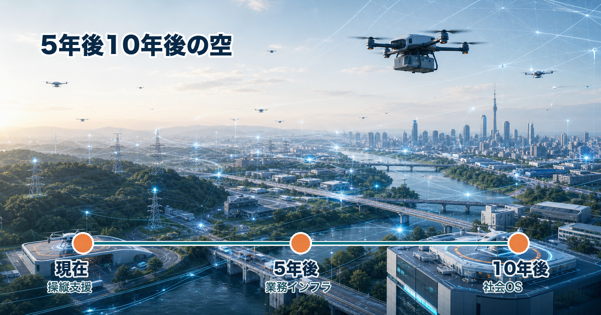 AIドローン自律飛行の5年後10年後の未来予測を示すタイムライン画像