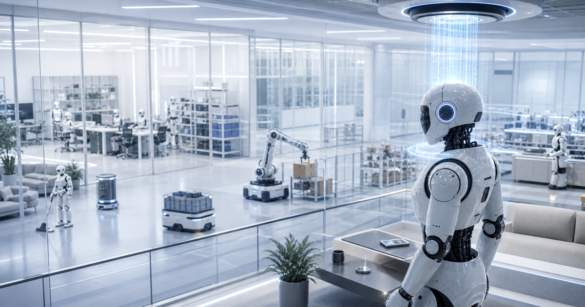 ソフトウェア更新で作業範囲が広がる未来のロボット運用を示す説明画像