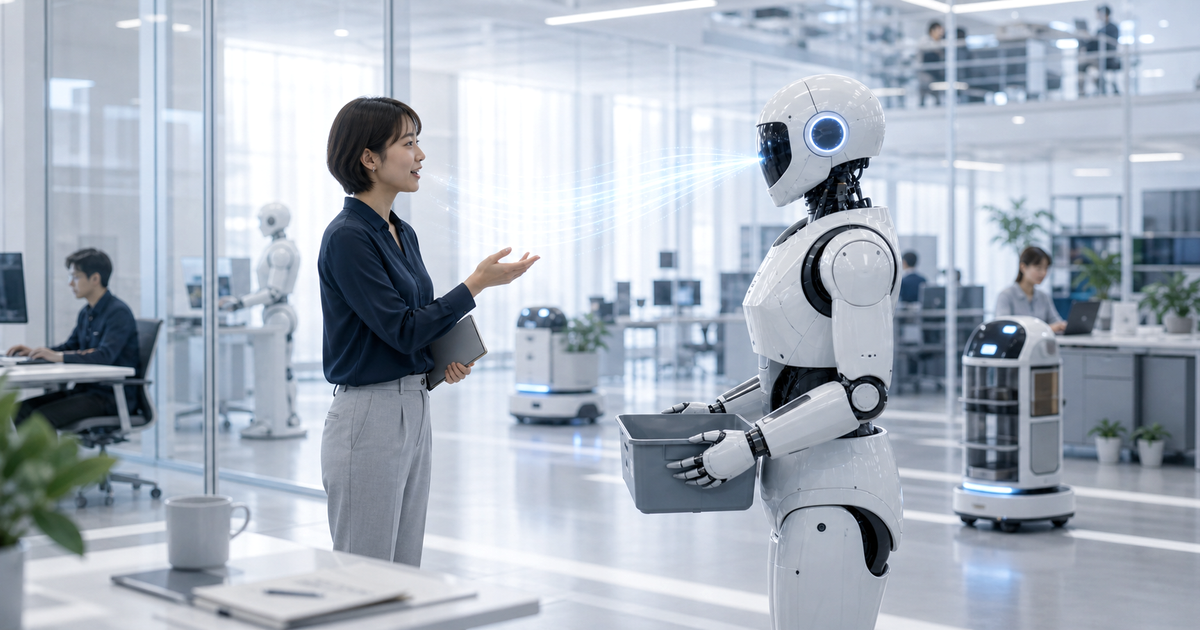 人間がロボットへ言葉で仕事を引き継ぐ未来の職場を示す説明画像