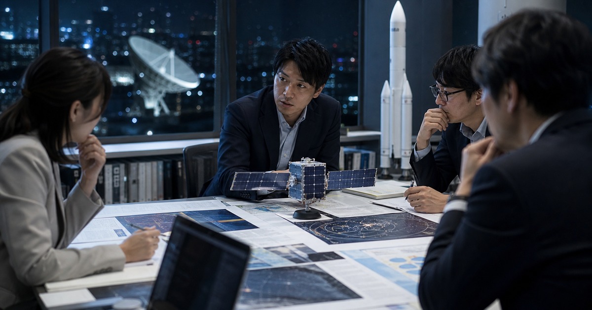 宇宙保険の引受担当者が衛星リスクを検討する会議室