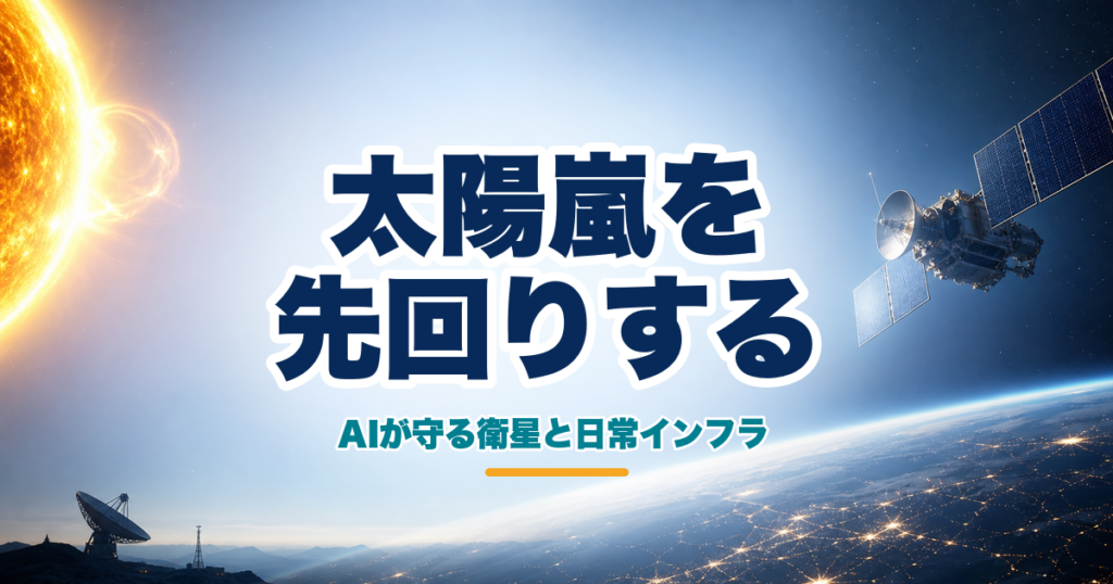 宇宙天気AIを表す太陽と地球周回衛星のアイキャッチ