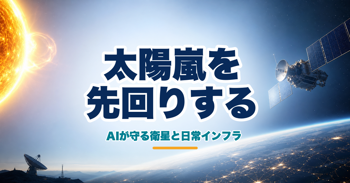 宇宙天気AIを表す太陽と地球周回衛星のアイキャッチ