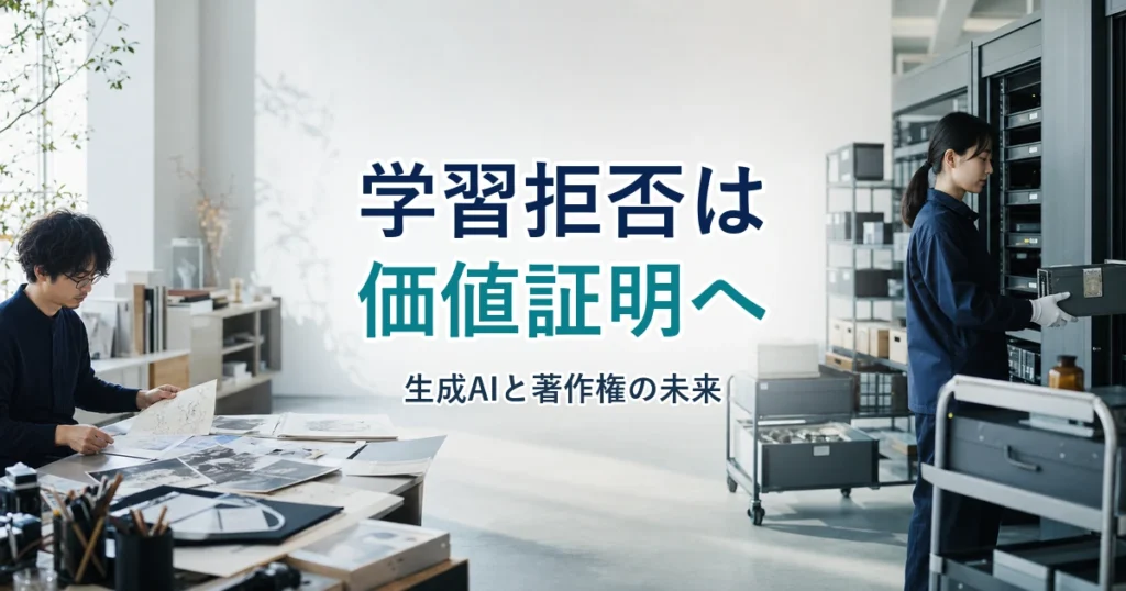 創作者とAIデータ保管施設を背景に「学習拒否は価値証明へ」と示すアイキャッチ