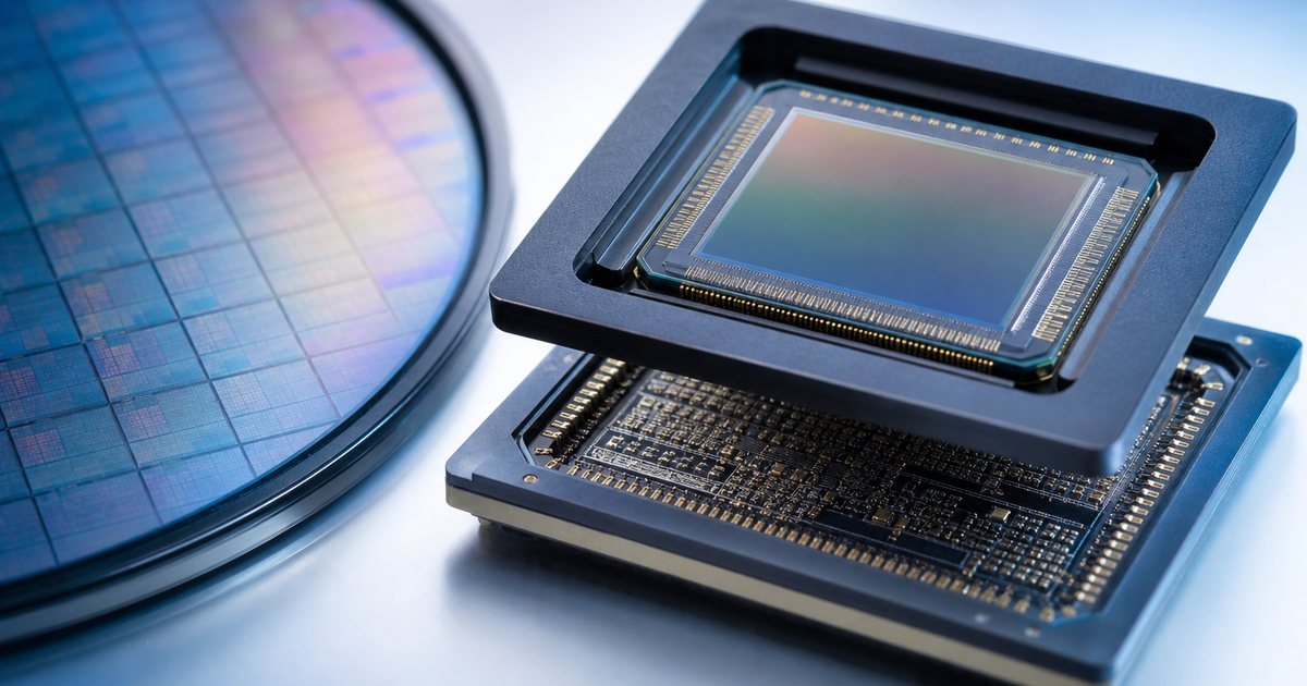 CMOSイメージセンサーとAI処理回路が一体化した半導体の写真風イメージ