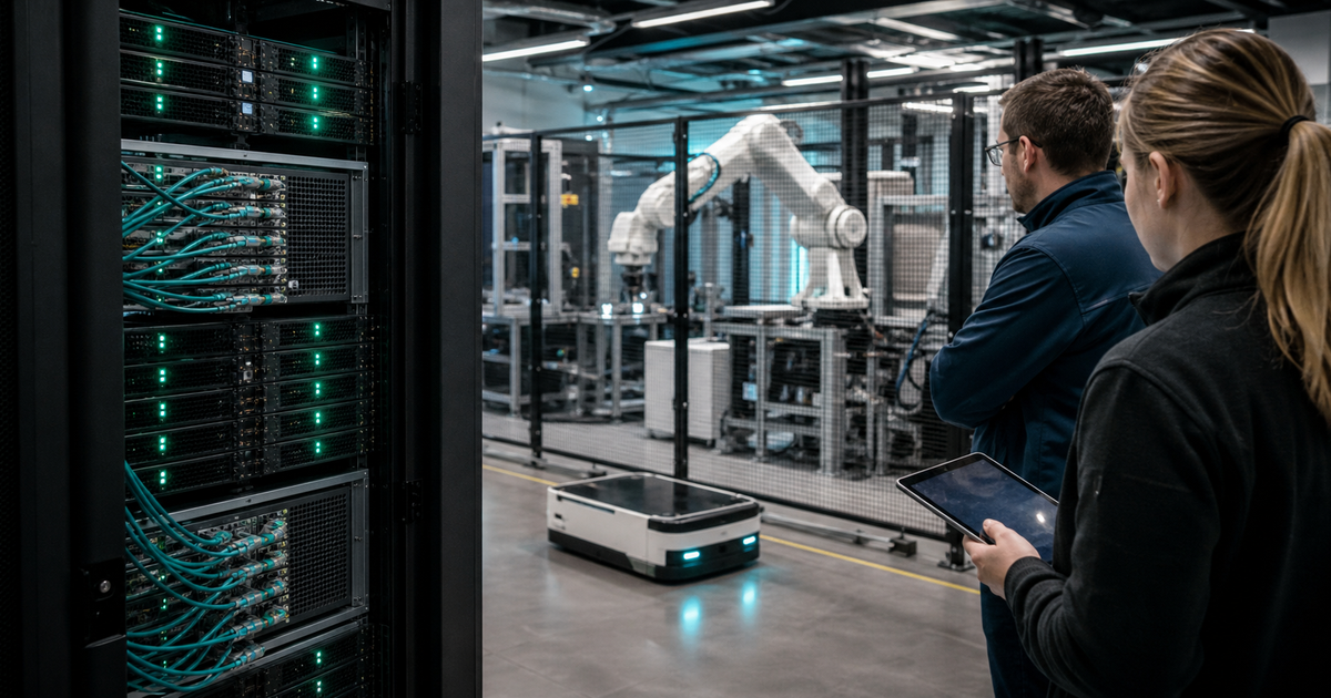 AI計算サーバーと工場ロボットを見守る技術者
