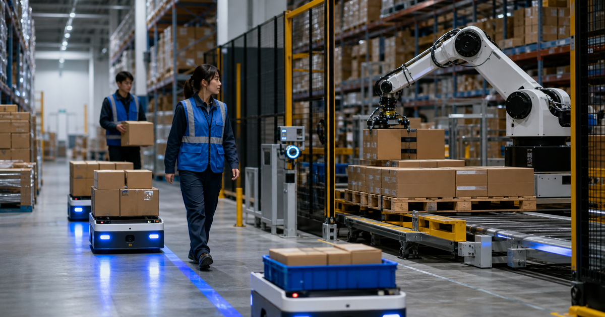 倉庫で搬送と荷役を行う自律移動ロボットとロボットアーム