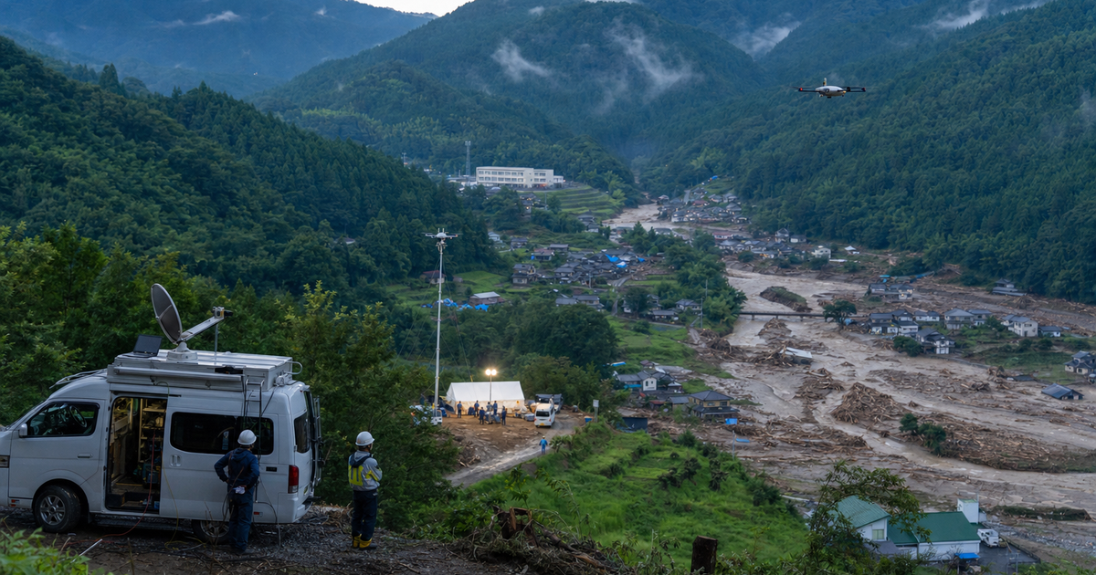 孤立した山間地域を車載局と複数ドローンでつなぐ災害通信