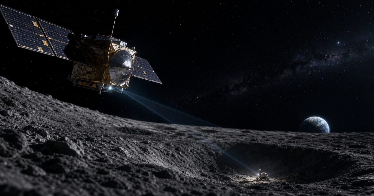 月周回衛星が影のクレーターのローバーと通信する様子