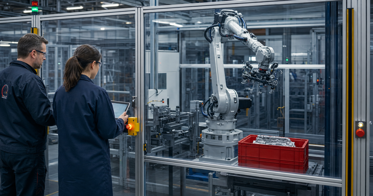 安全停止したロボットセルを外から確認する品質担当者