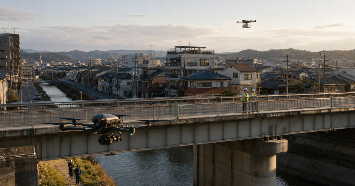 橋梁点検と配送ドローンが同じ街で運用される未来の低高度空域の写真