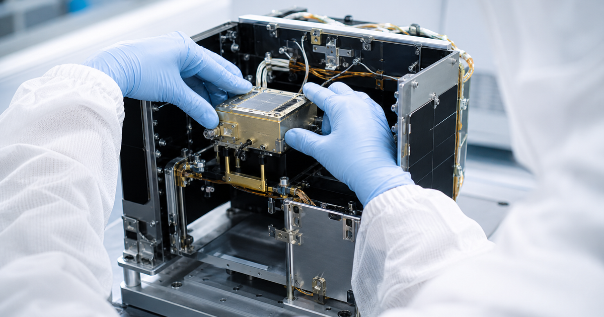衛星電子機器を試験するクリーンルームの技術者