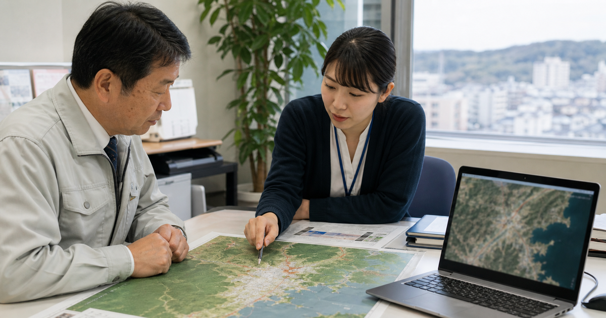 衛星AIの分析結果を自治体や企業が地上の判断に使うイメージ