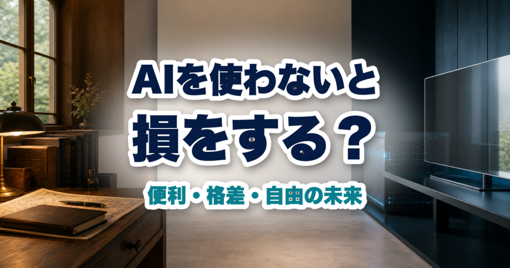 紙の机とAI機器を左右に配し生成AIを使うか選ぶ未来を表したイメージ