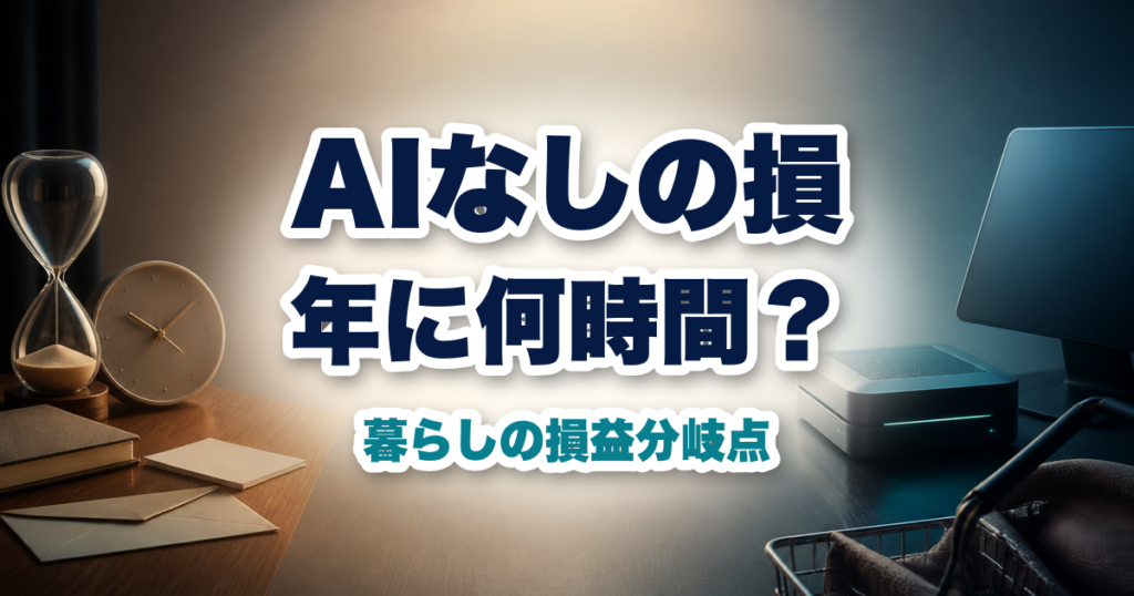 時計とAI機器を左右に配し生成AIを使わない時間損失を表したイメージ