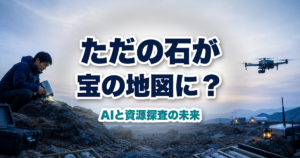 岩石を分光センサーで調べる地質技術者と測量ドローン
