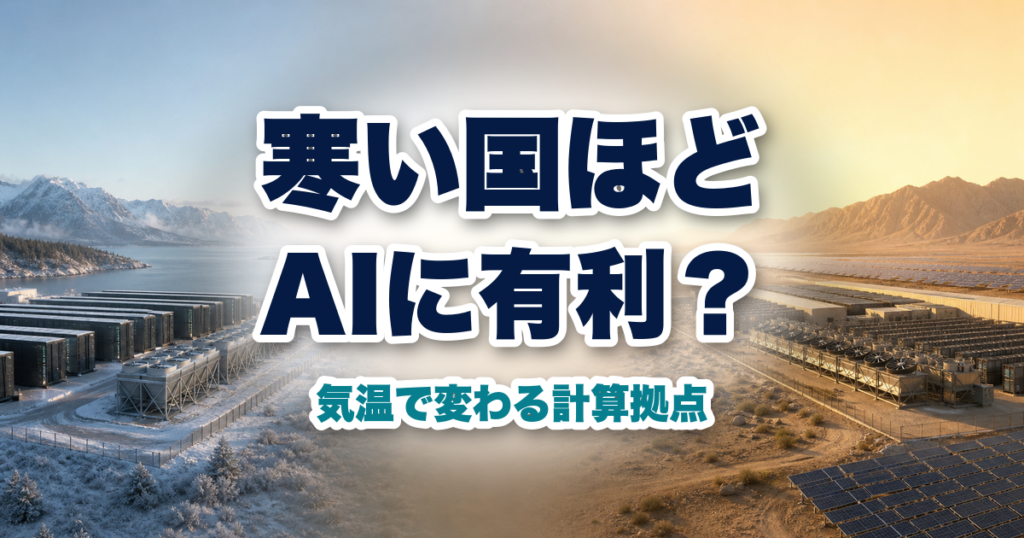 雪の北欧と暑い乾燥地のAIデータセンターを対比したイメージ