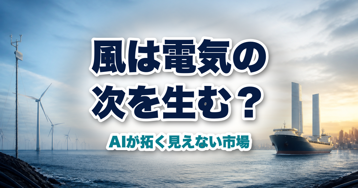 洋上風力発電と帆走貨物船を対比した風ビジネスのイメージ
