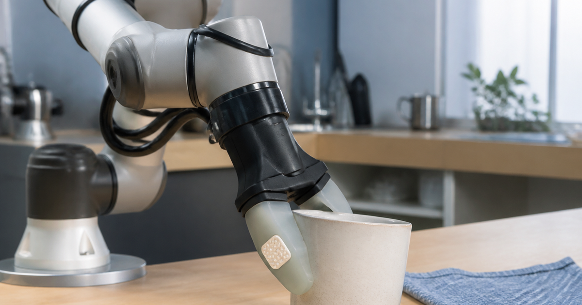 触覚グリッパーで傾いたカップを支えるロボットアーム