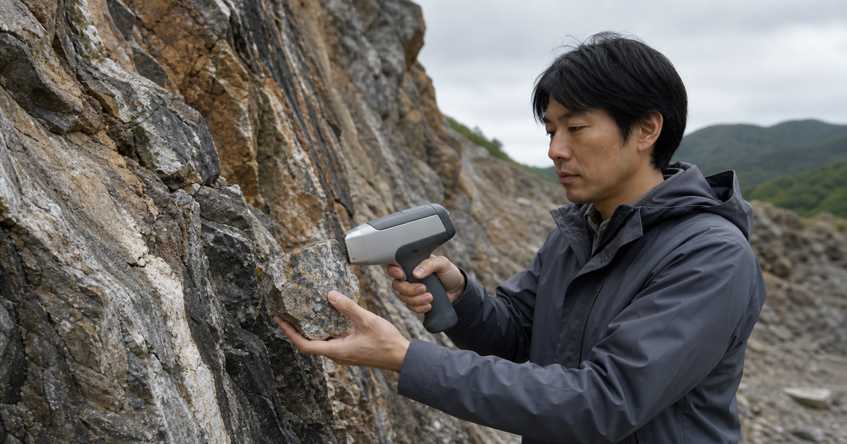 露頭の岩石を携帯型分光センサーで調べる地質技術者