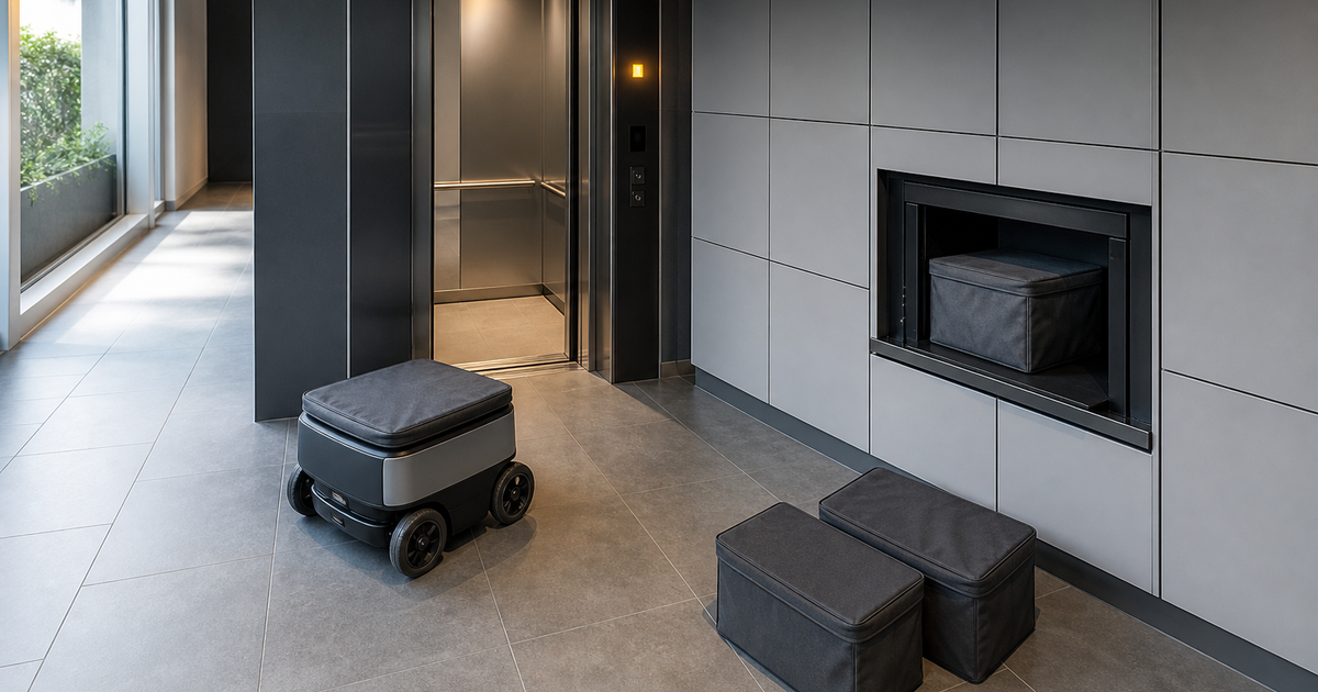 マンションのエレベーターと荷物受け渡し設備を結ぶ配送ロボット