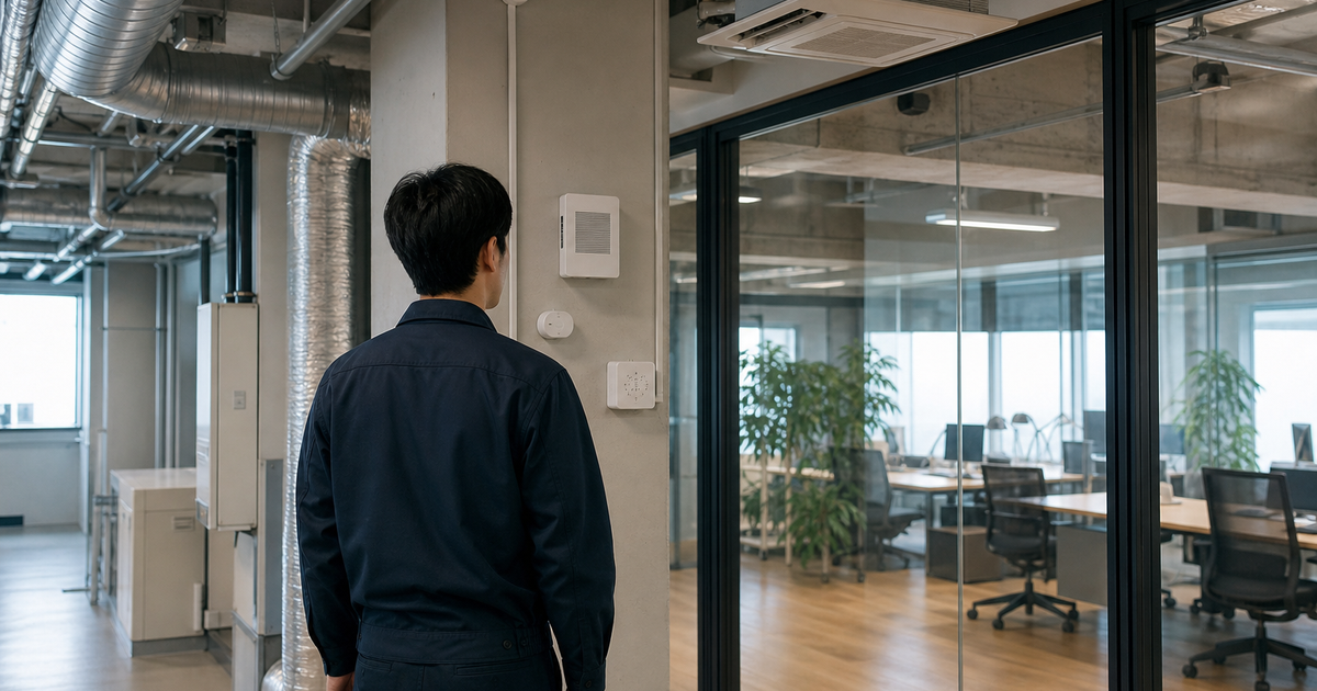 建物の換気設備と環境センサーを確認する設備技術者