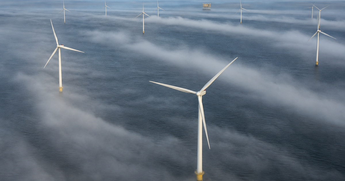 霧で後流が見える洋上風力発電所の風車群
