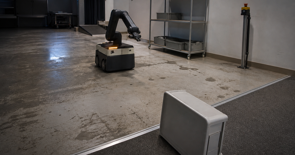 倒れた容器を前に安全停止する試験中の移動ロボット