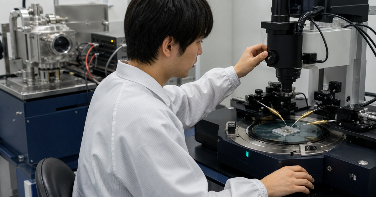 プローブ装置でダイヤモンド半導体ウエハーを評価する研究者