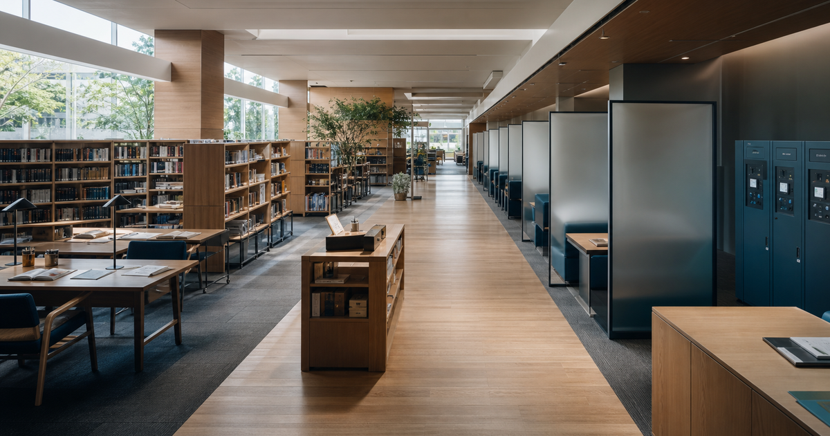本棚とデジタル相談ブースが共存する未来の公共図書館