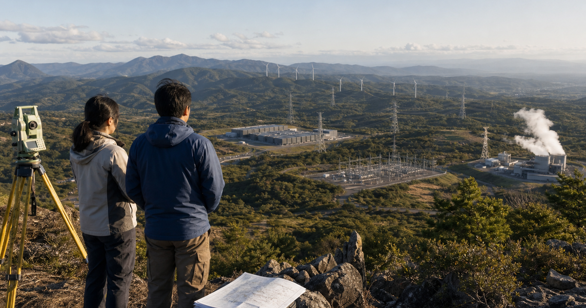 地熱発電、送電網、データセンターの立地を山上から検討する調査員
