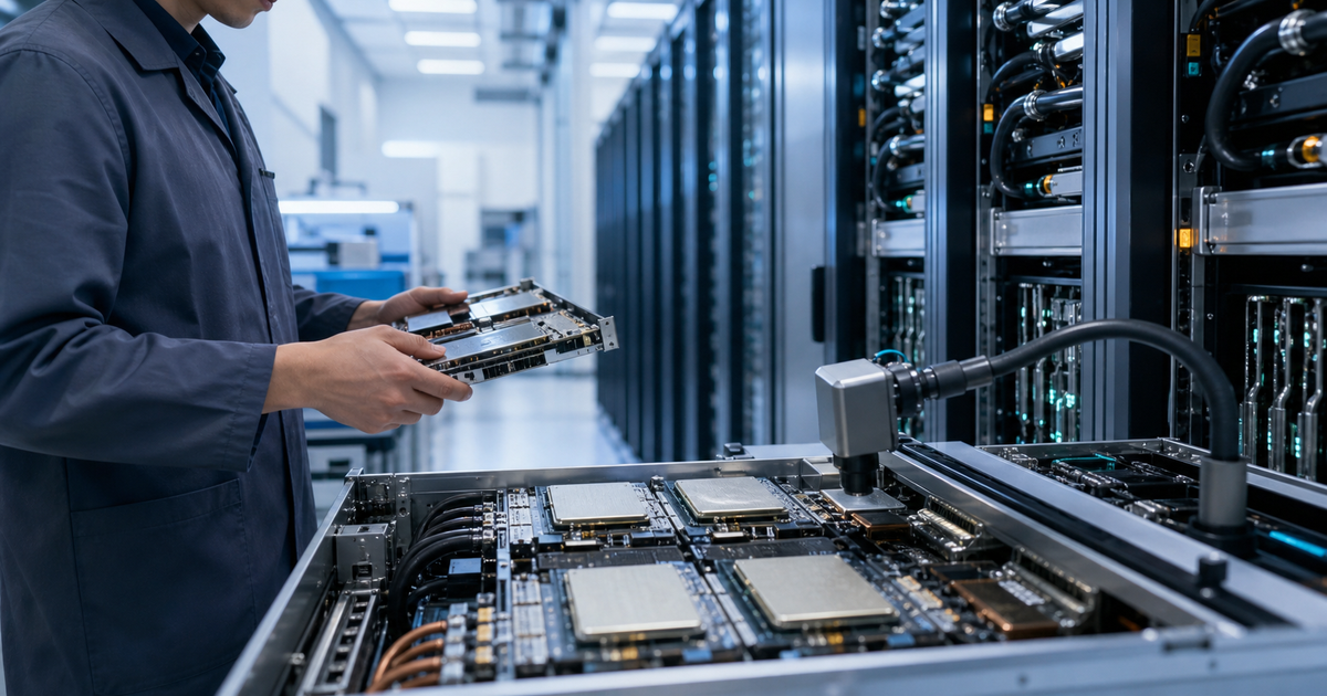 人工ダイヤモンド放熱層を備えたAIサーバーを点検する技術者