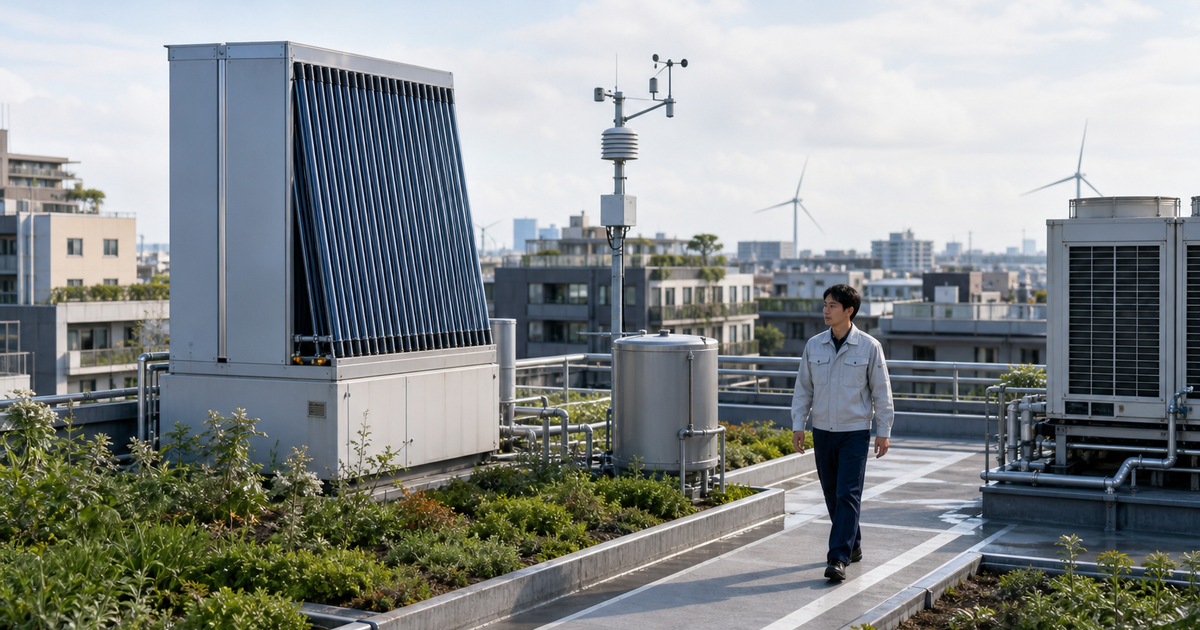 大気水回収と空調設備を備えた都市の屋上を点検する技術者